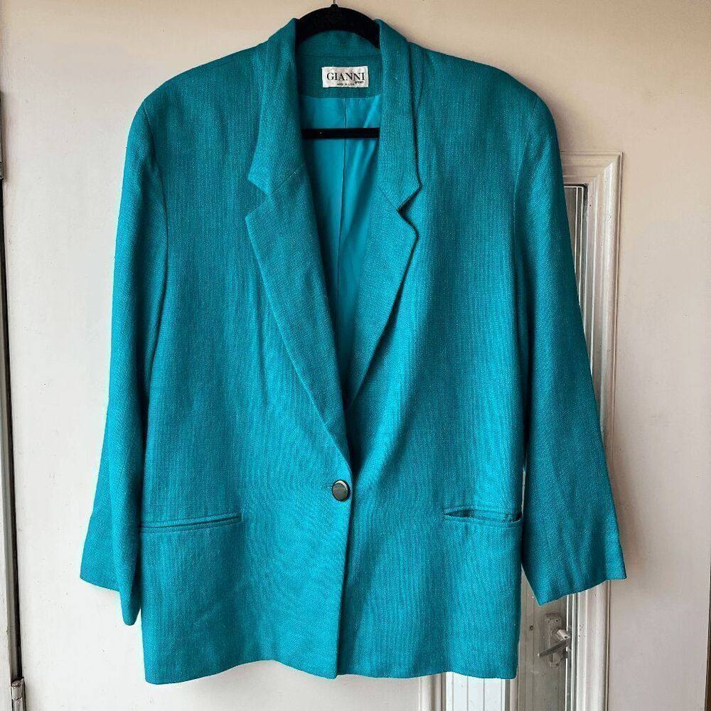 Vintage Gianni Sport Bright Teal Textured Blazer Jacket USA Made Size 14